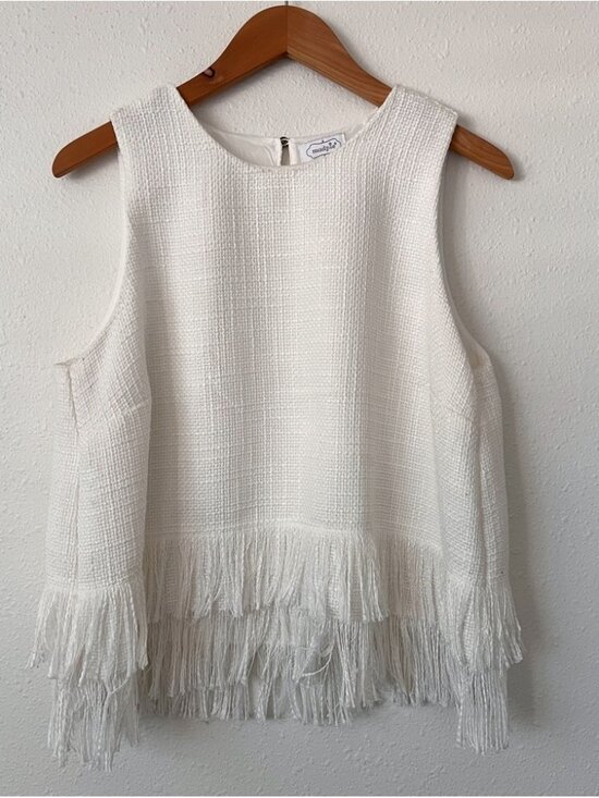 Other - White Sleeves Double Fringe Weave Top